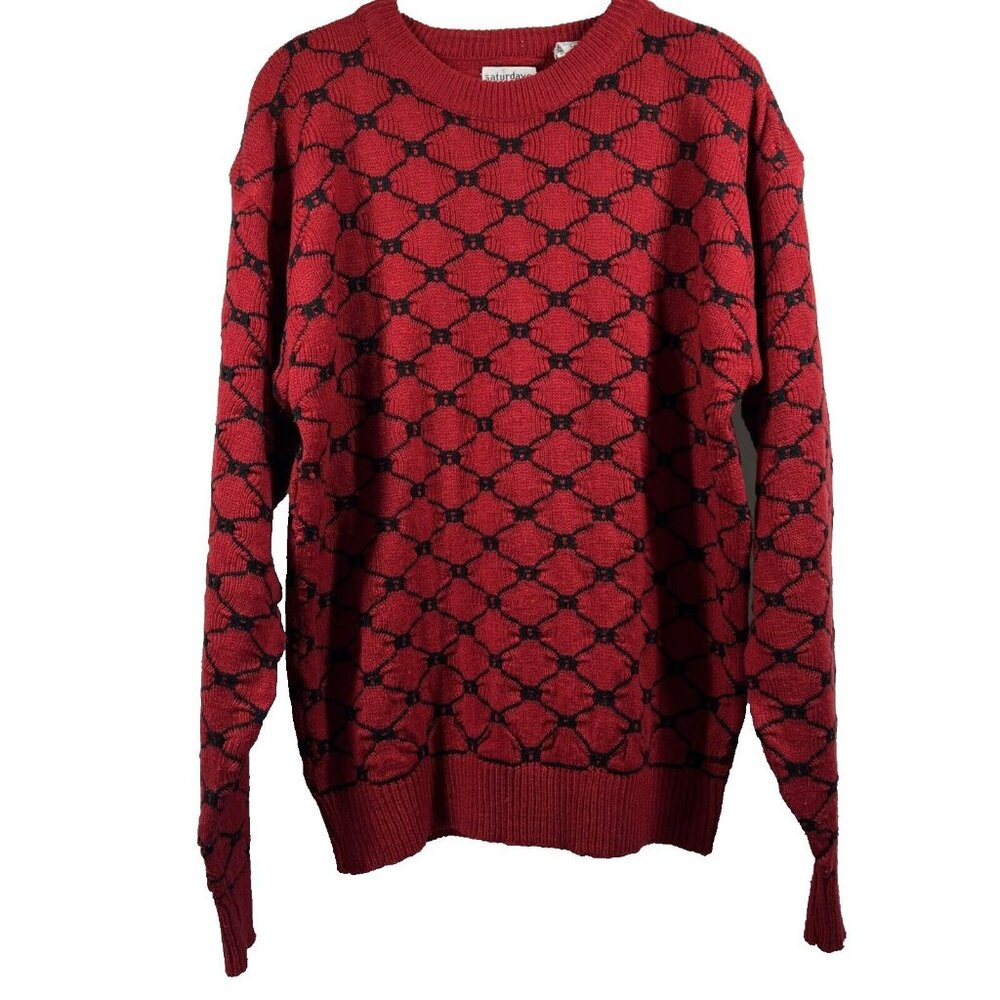 Saturdays Men's VTG Sweater Large Red Black Pullover‎ Long Sleeve Knit Vintage